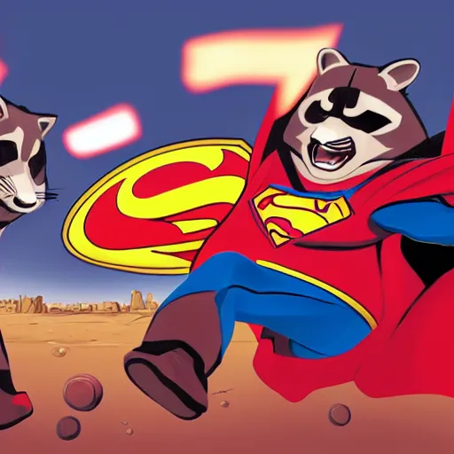 Image similar to Raccoon-superman fighting against darth-raccoon on a kirby-themed super-smash-bros-level, super highly detailed, professional digital painting, artstation, concept art, smooth, sharp focus, no blur, no dof, extreme illustration, Unreal Engine 5, Photorealism, HD quality, 8k resolution, cinema 4d, 3D, beautiful, cinematic, art by artgerm and greg rutkowski and alphonse mucha and loish and WLOP