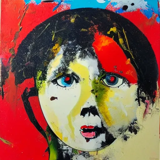 Image similar to artistic dirty art acrylic painting, figure of a doll, paint brushstrokes and squeegeed dirty artwork, art by peter blake, surreal, human figures, low tons colors, world leaders of terror 2 1 th century