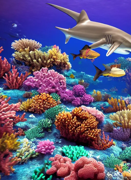 Image similar to a coral reef, bright colours, megaladon shark, hyper realistic, crystal clear blue underwater, 1 million point cloud digital image, unreal engine,