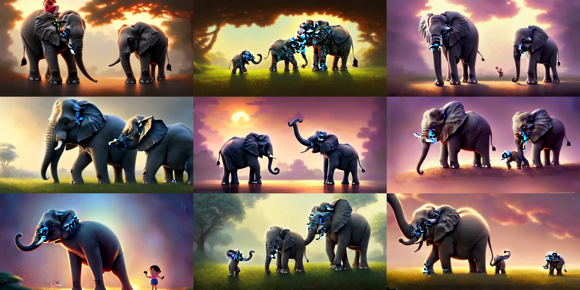 Prompt: a wholesome cute baby elephant, medium shot, waist up, studio ghibli, pixar and disney animation, sharp, anime key art by greg rutkowski, by craig mullins, bloom, dramatic lighting