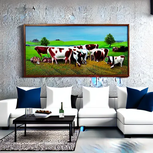 Prompt: interior view of modern futuristic farm barn architecture and interior design showing cows laying down on sofas and pigs and chickens sitting in lounge chairs, wall art, throw pillows, areas rugs, feed troughs, hay, detailed luminescent oil painting 4 k