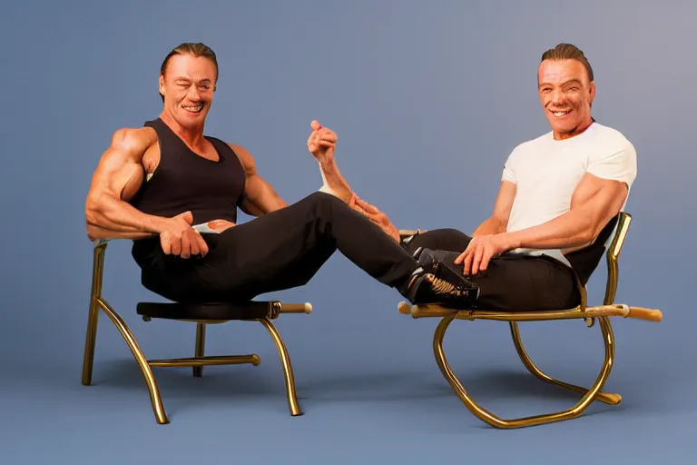 Image similar to hyperrealistic Jean Claude Vandamme legs spread apart balancing on two chairs, golden hour, smiling, award winning