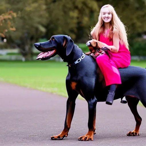 Image similar to girl riding a giant doberman in the park