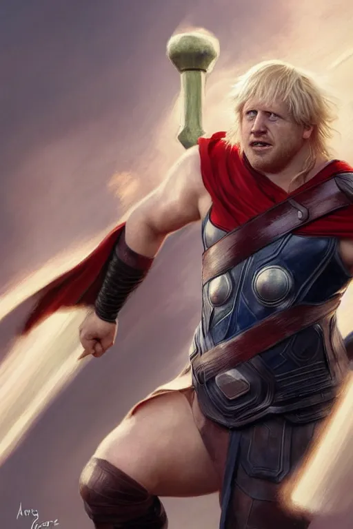 Prompt: Boris Johnson as Thor, Boris Johnson hairstyle, full body realistic portrait, highly detailed, digital painting, artstation, concept art, smooth, sharp focus, illustration, cinematic lighting, art by artgerm and greg rutkowski and alphonse mucha