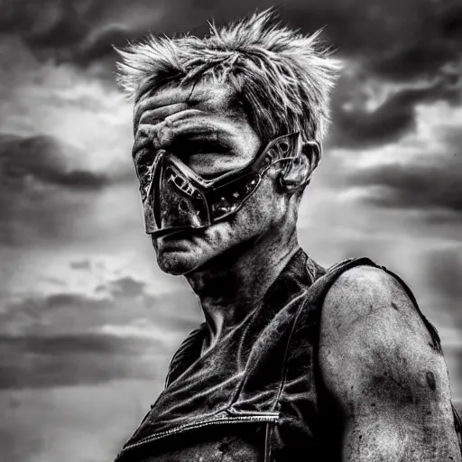 Prompt: very beautiful male, post-apocalyptic, mad max style, Total Recall style, symmetric, by David Lazar and Annie Leibovitz 500px photos, top cinematic lighting , cinematic mood, very detailed, shot in canon 50mm f/1.2