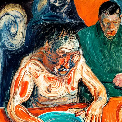 Prompt: high quality high detail expressionist painting of a man in agony by lucian freud and jenny saville edvard munch and francis bacon, hd, anxiety, seated at table, turquoise and orange