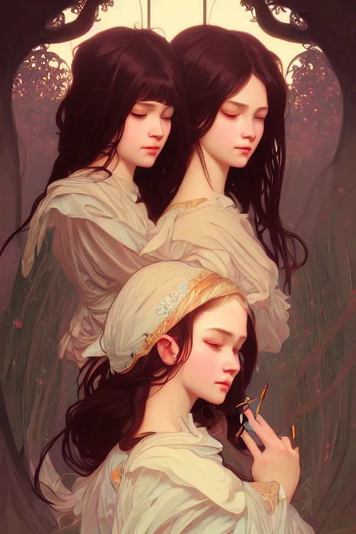 Prompt: very beautiful twin girls, fantasy, portrait, sharp focus, intricate, elegant, digital painting, artstation, matte, highly detailed, concept art, illustration, ambient lighting, art by ilya kuvshinov, artgerm, Alphonse mucha, and Greg Rutkowski