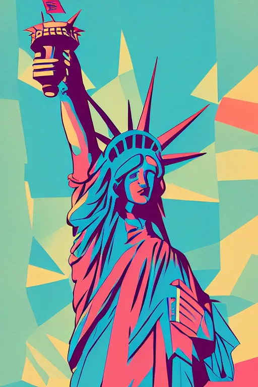 Prompt: cubist statue of liberty cutout digital illustration cartoon colorful beeple