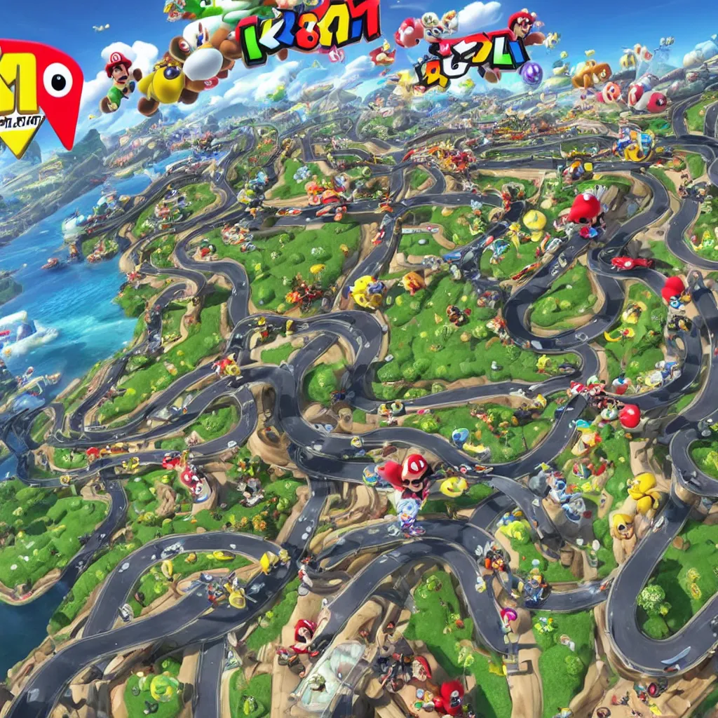 Image similar to mario kart 8 deluxe racing track. made by supercell, disney, pixar.