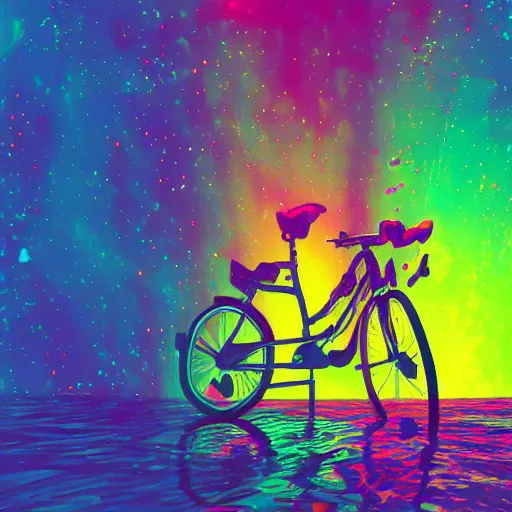 Prompt: broken bike submerged in colorful space like water, backlit, outer space, vaporwave