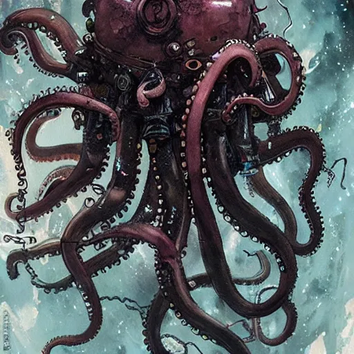 Image similar to Octopus in space, cyberpunk, realistic, detailed, Industrial Scifi, paint, watercolor, in the style of Ashley Wood and Wadim Kashin