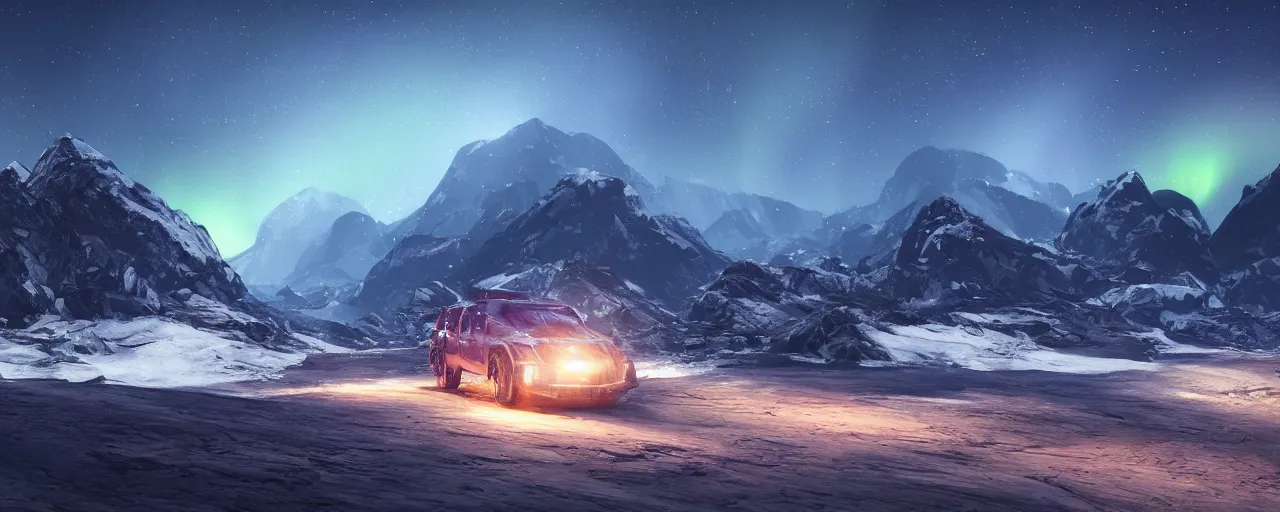 Image similar to landscape, nigh time, mountains, northern lights, nightcore, aesthetic global illumination 8 k ultra hd in artstyle of finnian macmanus, john park, greg rutkowski and syd mead, concept art unreal engine octane render