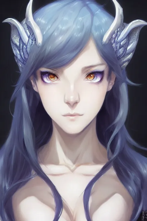 Image similar to character concept art of a woman with ice dragon horns and wings | | very anime, dragon scales, cute - fine - face, pretty face, realistic shaded perfect face, fine details by stanley artgerm lau, wlop, rossdraws, james jean, andrei riabovitchev, marc simonetti, and sakimichan, tranding on artstation