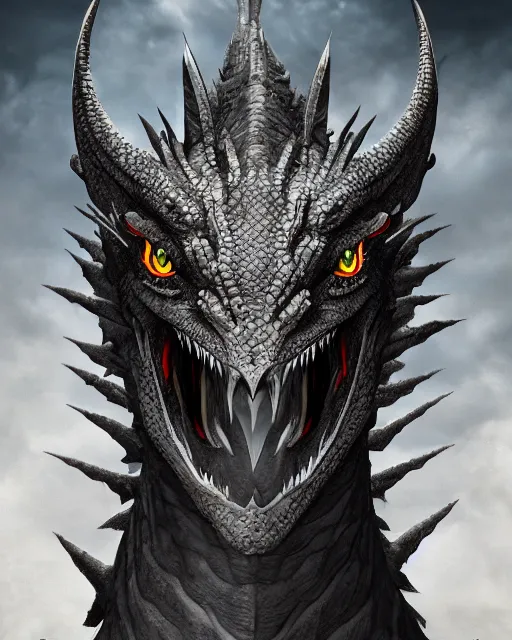 Image similar to portrait of an ominous, strong dragon, photorealistic, 8 k