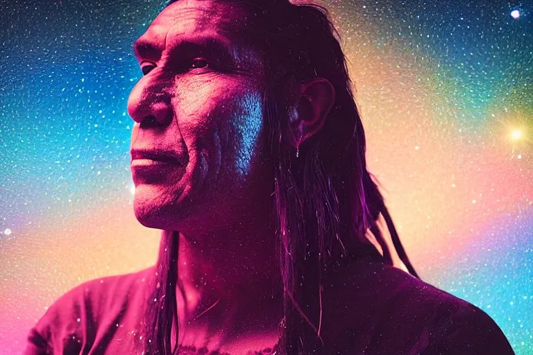 Image similar to photograph of a spiritual native american man looking up at the stars, art, universe, blender, pastel colors, synthwave, retro, cyberpunk,