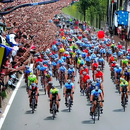 Prompt: biker wining cycling race, tour de france, a lot of people