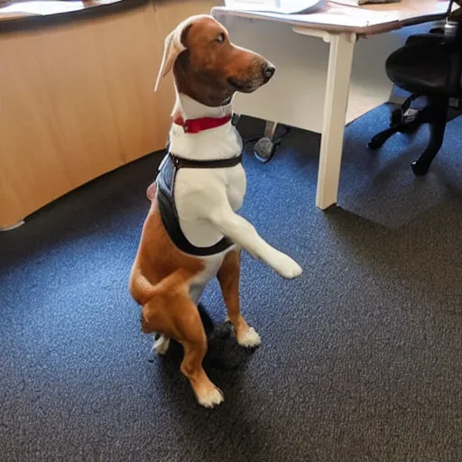 Image similar to Business dog waving goodbye to his dog coworkers