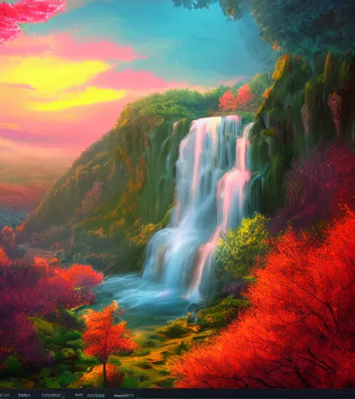 Image similar to featured on artstation cherry tree overlooking valley waterfall sunset beautiful image stylized digital art