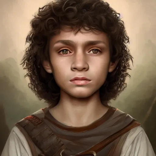 Image similar to a detailed portrait of a medieval ten year old boy, he has short curly brown hair, brown eyes and white skin, fantasy art illustration, incredibly highly detailed and realistic, 8 k, sharp focus