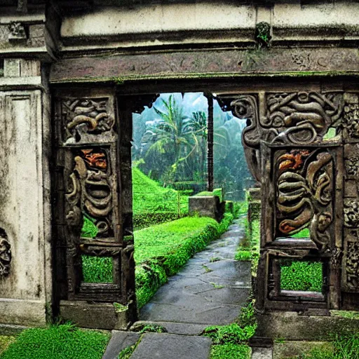 Image similar to balinese split gate. fantasy concept art. overgrown, mossy, cracked and worn
