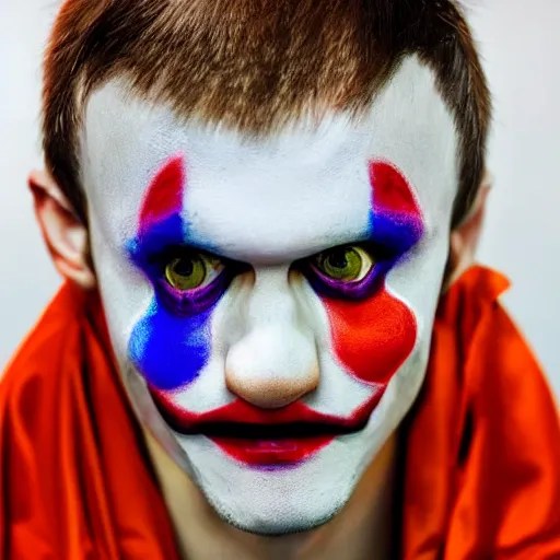 Prompt: UHD photorealistic Vitalik Buterin wearing a clown costume with real clown makeup by Miguel Vasquez