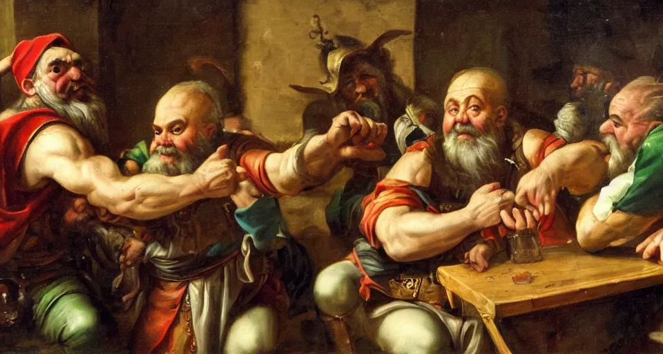 Image similar to Baroque painting of a dwarf armwrestling an elf in front of drunken onlookers at a tavern.