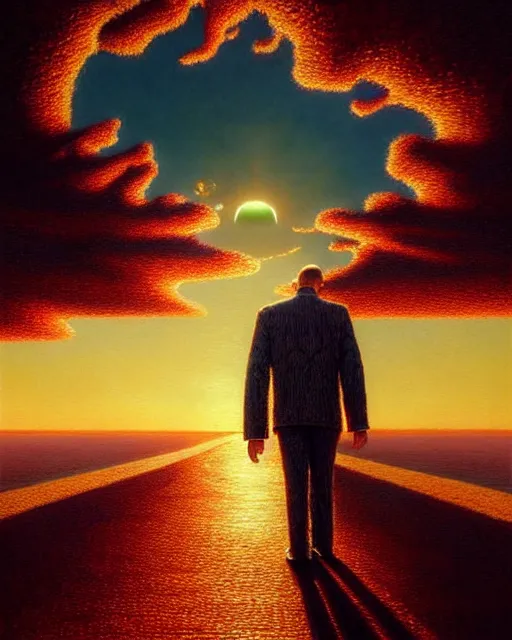 Image similar to a hyper - detailed 3 d render of walking off into the sunset, outrun sun, surrealism!!!!! surreal concept art, lifelike, photorealistic, digital painting, aesthetic, smooth, sharp focus, artstation hd, by greg rutkowski, klimt and nixeu and ian sprigger and wlop and krenz cushart,