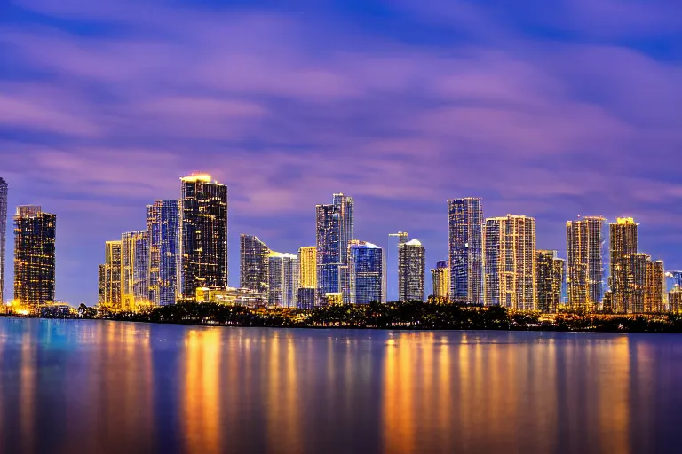 Image similar to beautiful nighttime landscape photography of Miami Florida skyline with a crystal blue ocean water, serene, dramatic lighting.