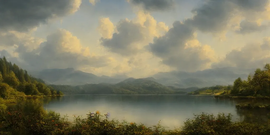 Image similar to a beautiful lake landscape in summer, by Ernest deutsch + Ted Nasmith, cinematic lighting, masterpiece, highly detailed, 8k resolution, trending on art station