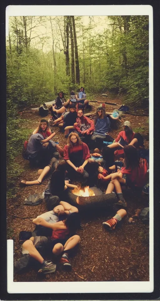 Image similar to polaroid photo of 9 0's highschool teenagers camping in the woods by a river, sunset, campfire, realistic, grainy image, iso 1 6 0 0