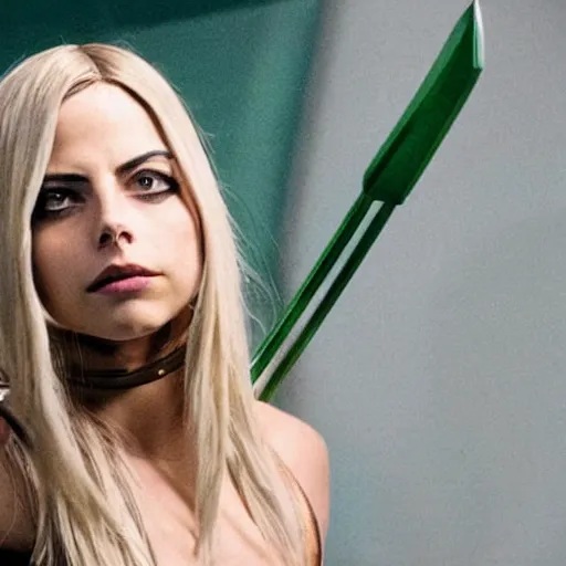 Image similar to film still of willa holland as an attractive female green arrow in the 2 0 1 7 film justice league, bleach blonde hair, focus - on - facial - details!!!!!!, minimal bodycon feminine costume, dramatic cinematic lighting, inspirational tone, suspenseful tone, promotional art