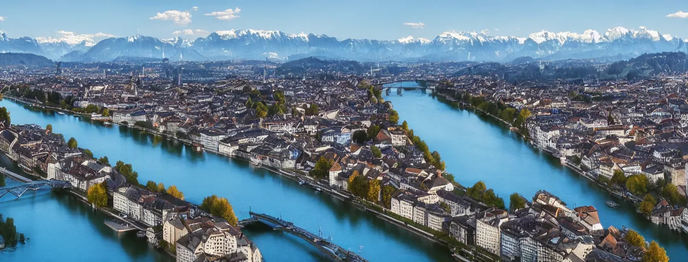 Image similar to Photo of Zurich, looking down the Limmat and the lake and the alps, wide angle, volumetric light, hyperdetailed, light blue water, artstation, cgsociety, 8k