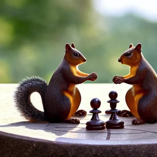Prompt: squirrels playing chess on a stone table, a crowd watching on