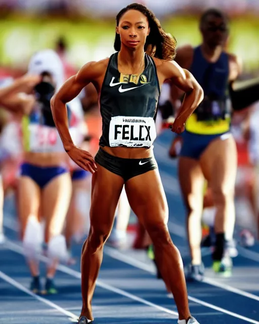 Prompt: allyson felix, crouching at the 2 0 0 - meter starting line, hyperreal, sports photography in the style of neil leifer