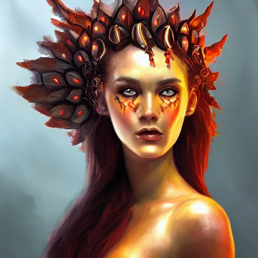 Prompt: A stunning portrait of a fire goddess by Andrews Esao, fantasy, Trending on artstation.