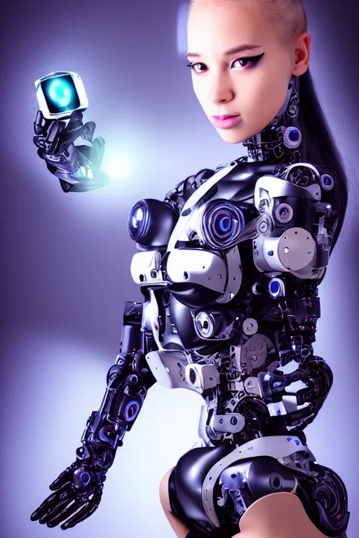 Image similar to cybernetic high tech catgirl with a cybercat on her head, sci - fi, cyberpunk, futurism, exoskeleton, strong artificial intelligence, symmetry, cinematic, elegant, luxury, professional studio light, perfect composition, dlsr photography, sharp focus, 8 k, ultra hd, sense of awe, highly detailed, hyper realistic, intricate, science journal cover