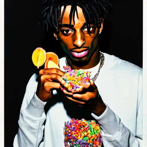 Prompt: playboi carti eating fruity pebbles, film grain, vintage photo, high contrast