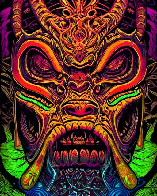 Prompt: barong family member, wiwek, mara demon, one single tribe member, jungle, one single mask, dark, ancient warrior, rich deep vivid colors, neon colors, inner glow, art by dan mumford and justin gerard