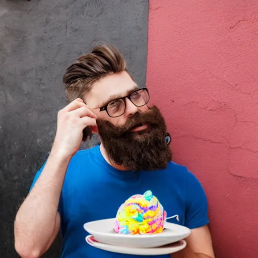 Prompt: young handsome bearded man eats giant multicolored icecream in a cafe