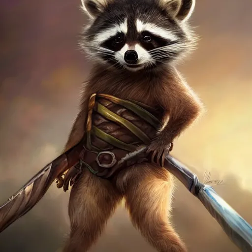 Image similar to epic professional digital airbrushed portrait art of a cute baby raccoon dressed as a barbarian,, best on artstation, cgsociety, wlop, Behance, pixiv, cosmic, epic, stunning, gorgeous,, masterpiece by Dorian Cleavanger and Stanley Lau,