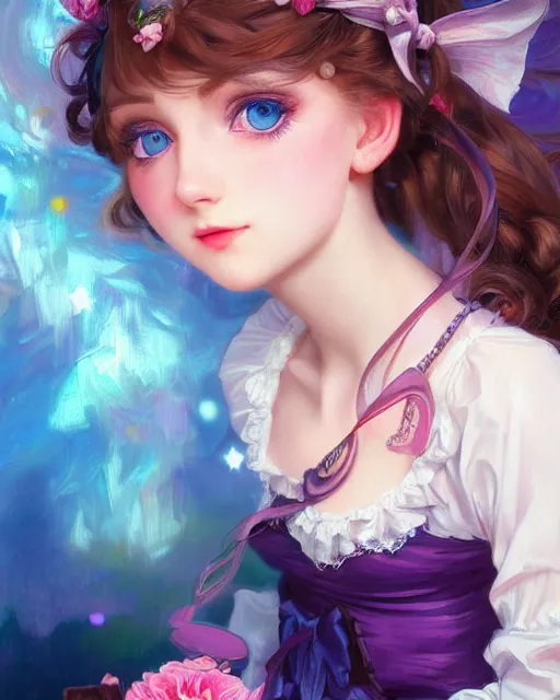 Prompt: portrait of magical lolita girl, dreamy and ethereal, expressive pose, big blue eyes, exciting expression, fantasy, intricate, elegant, many rainbow bubbles, rose tones, highly detailed, digital painting, artstation, concept art, cyberpunk wearing, smooth, sharp focus, illustration, art by artgerm and greg rutkowskiand alphonse mucha