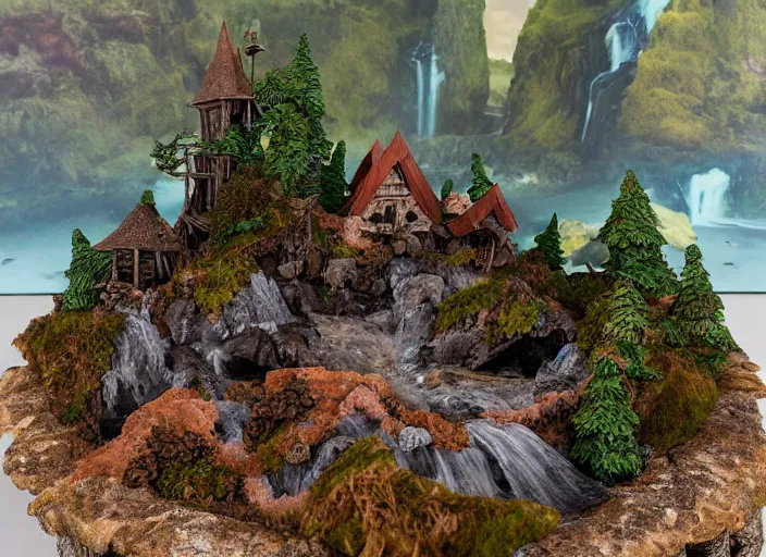 Image similar to high - res gopro photograph of a eood sculpture diorama with fantasy castles, highly detailed sculpey diorama, forest setting in iceland, waterfall backdrop, realistic materials, wood, felt, cloth, burlap, copper wire, hot glue, smooth, sharp foccus, commercial product photography,