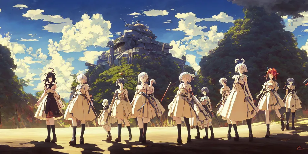 Image similar to baroque acrylic painting of key visual concept art, anime maids in crusade battlefield with early tanks, brutalist fantasy, rule of thirds golden ratio, fake detail, trending pixiv fanbox, palette knife, style of makoto shinkai ghibli takashi takeuchi yoshiyuki sadamoto jamie wyeth james gilleard greg rutkowski chiho aoshima