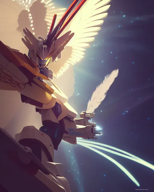 Image similar to highly detailed vfx portrait of an angelic gundam with wings of feathers beam saber fighting in space with a beam gun, unreal engine, greg rutkowski, loish, rhads, beeple, makoto shinkai and lois van baarle, ilya kuvshinov, rossdraws, tom bagshaw, alphonse mucha, global illumination, detailed and intricate environment