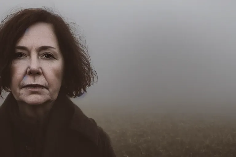 Prompt: a cinematic headshot portrait of a middle aged woman stood in a fog filled field, ultra realistic, depth, beautiful lighting