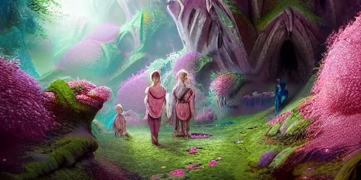 Image similar to the overgrown elvish cave village by charlie bowater and anna dittmann and artgerm and clemens ascher, intricate, elegant, pink and blue and green mist, highly detailed, dramatic lighting, sharp focus, octane render, trending on artstation, artstationhd, artstationhq, unreal engine, 4 k, 8 k