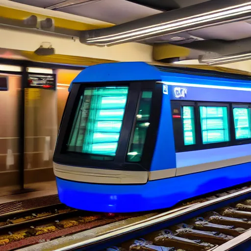 Image similar to a blue hexagonal metro train with blue neon light rails