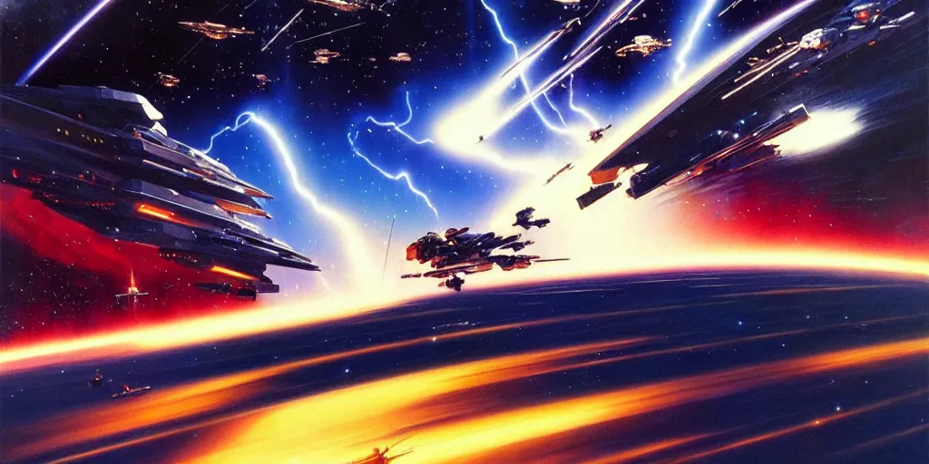 Prompt: a beautiful space battle, lightning, angry, kinetic, ralph mcquarrie, jama jurabaev, syd mead, john berkey, robert mccall trending on artstation, highly detailed oil painting