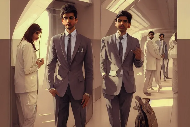 Image similar to Anxious good looking pale young Indian doctors wearing suits at the airport, portrait, elegant, intricate, digital painting, artstation, concept art, smooth, sharp focus, illustration, art by artgerm and greg rutkowski and alphonse mucha