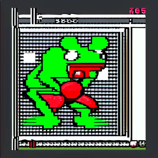 Image similar to extreme long shot, 8 bit nes graphics. antropomorphic muscular masculine pepe the frog. kickboxer fighter, in shorts. wolf head. art from nes game cartridge